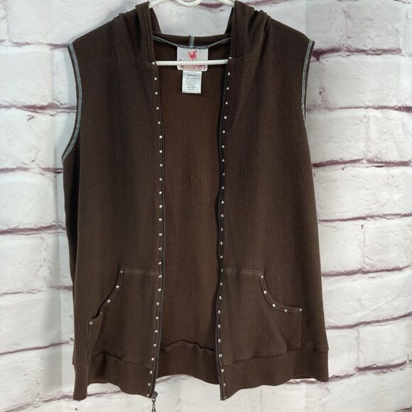 Quacker Factory Vest SZ M Women's Sleeveless Brown Waffle Hoodie Rhinestones Zip - Picture 8 of 11